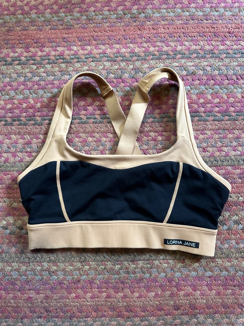 LORNA JANE BROWN BLACK COLOR BLOCK CROSS BACK SPORTS BRA